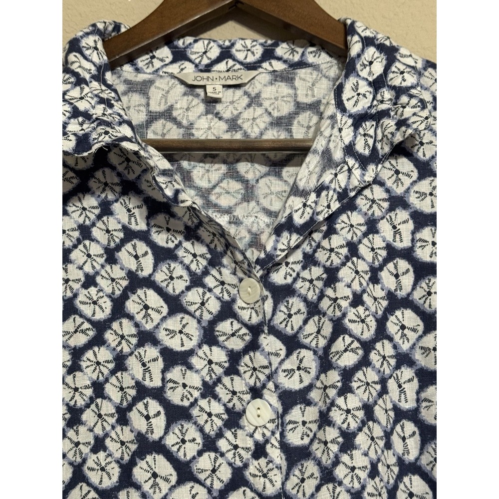 John Mark Women's Linen Tunic Top Small Button Up Pockets Roll Tab Coastal Beach - Picture 2 of 11